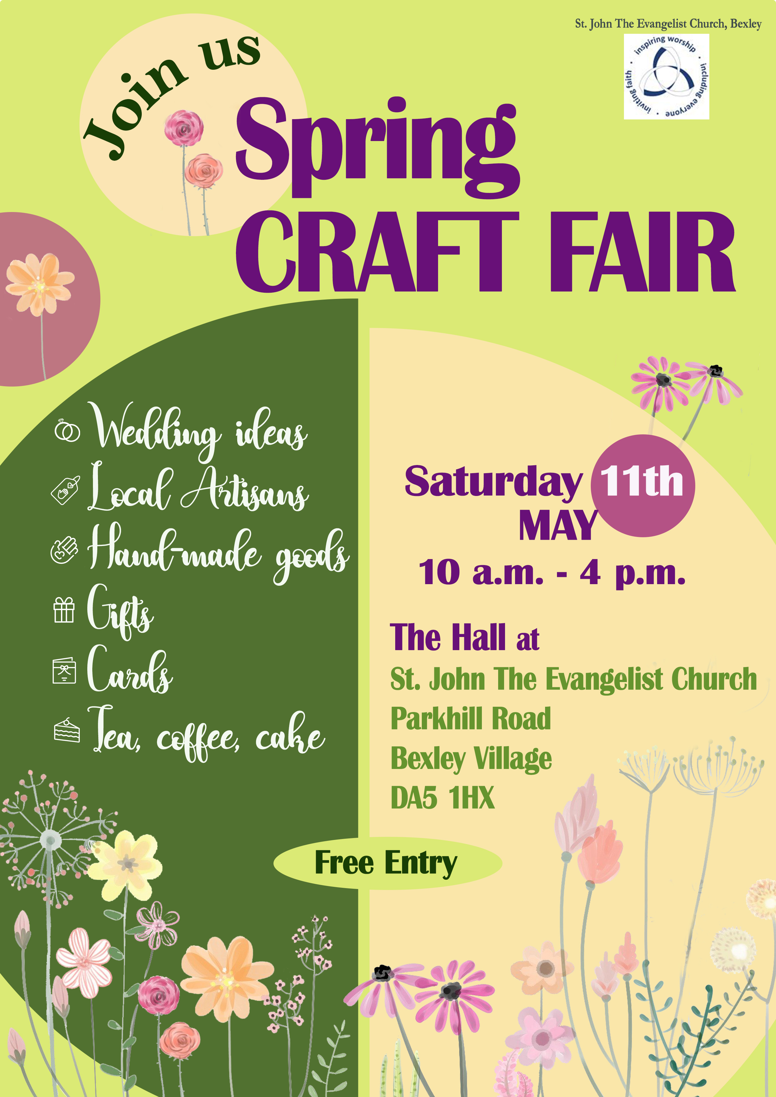 St John the Evangelist Church, Bexley. Join Us: Spring Craft Fair Wedding ideas; local artisans; hand-made-goods; gifts; cards; Tea, Coffee Cake Saturday 11th May:10am-4pm The Hall at St John the Evangelist Church: Parkhill Road, Bexley Village, DA5 1HX